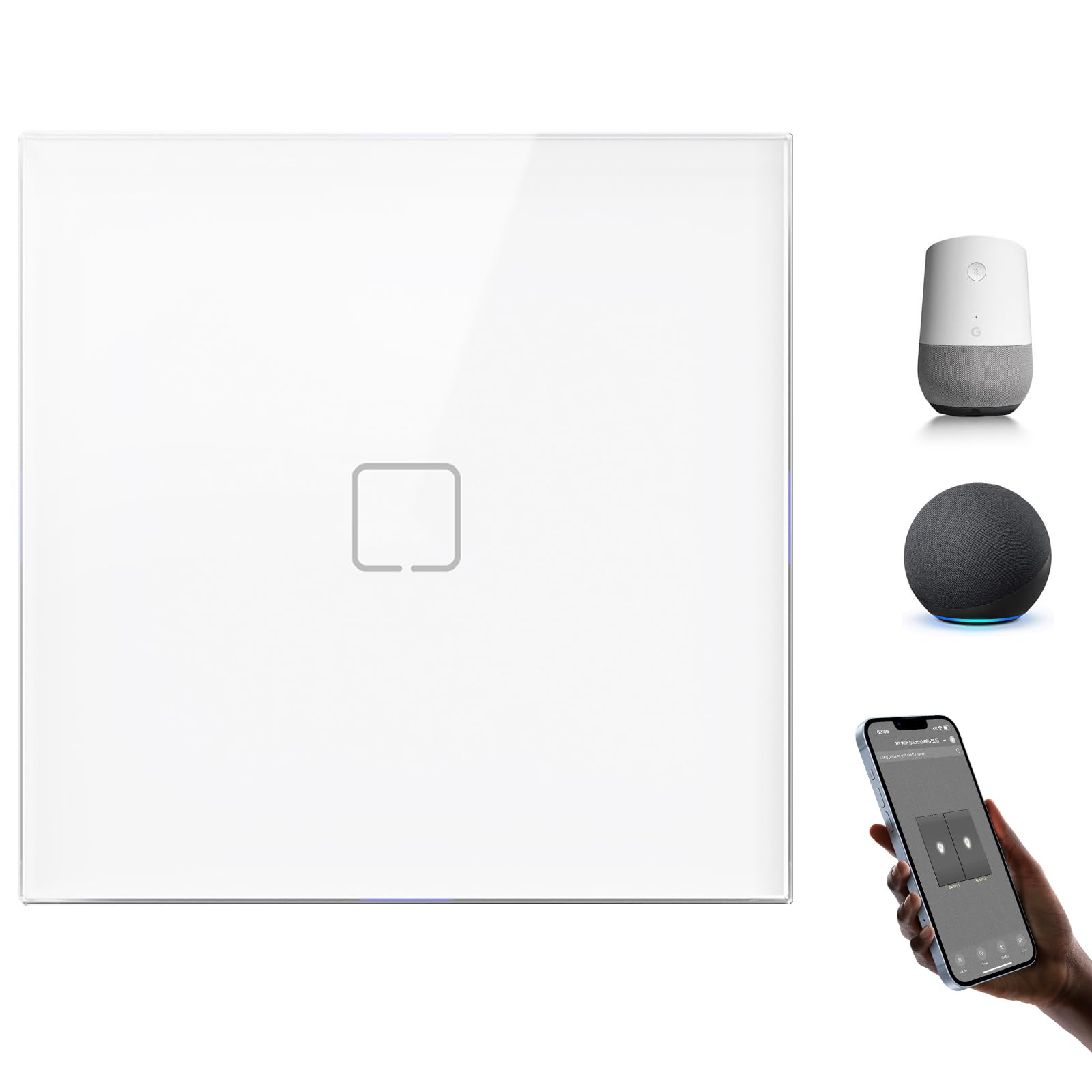 Smart WiFi Recessed Switch, Smart Wall Touch Switch, 1 Gang 1 Way 86 x 86 mm, Compatible with Alexa and Google Home (Tuya Application/Smart Life), White
