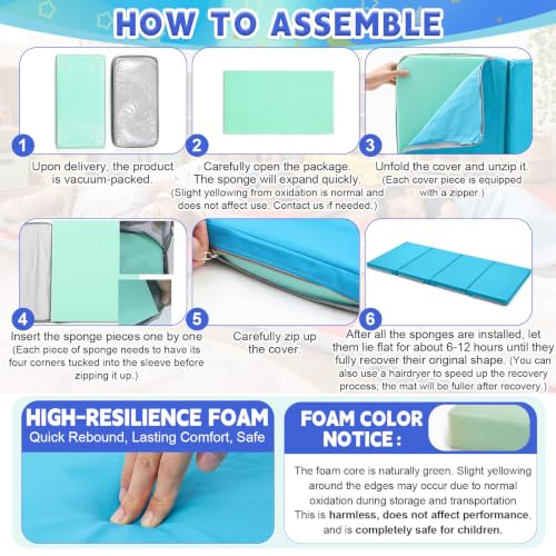 Image of Wesiti 5 Pcs Nap Mats for Preschool 47 x 24 inch 1.37 inch Thick Folding Rest Mat 4 Section, Sleeping Pad for Kids Children Daycare Nap School Classroom Kindergarten Daycare Travel Home, Blue Green
