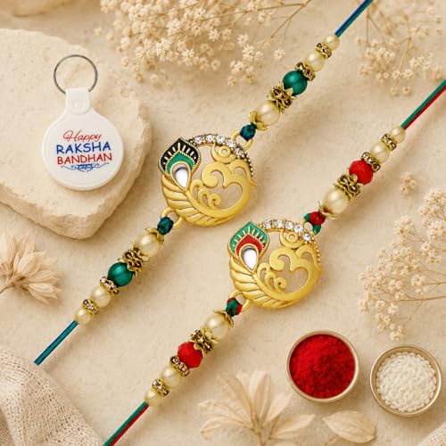 Image of Riddhika Ventures Glorious Gold Plated Religious Diamond Ring Rakhi || Traditional Rakhi Set of 2 & Festive Gift || Rakhi Gift Combo for Brother
