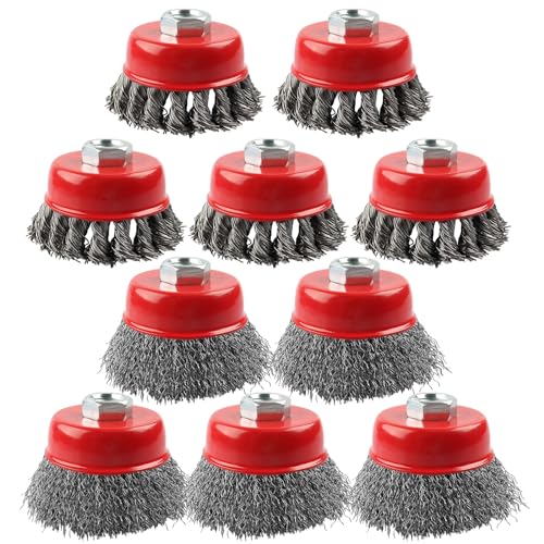 Rocaris 10 Pack Wire Cup Brush for Grinders, Wire Wheels for 4 1/2 Angle Grinder, 3 Twisted Knotted &amp; Coarse Crimped Cup Brush