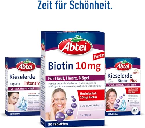 Abtei Biotin 10mg Forte - hochdosiertes Biotin - für schöne Haut, Haare und Nägel - zur Vorbeugung von Biotinmangel - laborgeprüft - 30 Tabletten
