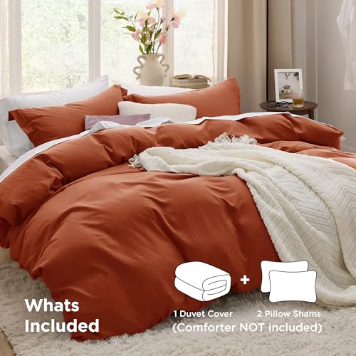 Image of Bedsure Terracotta Duvet Cover King Size - 3 Pieces Prewashed Cotton-Like Extra Soft Bedding Set, Includes 1 Duvet Cover 104x90 Inches with Zipper Closure & 2 Pillow Shams, Comforter Not Included
