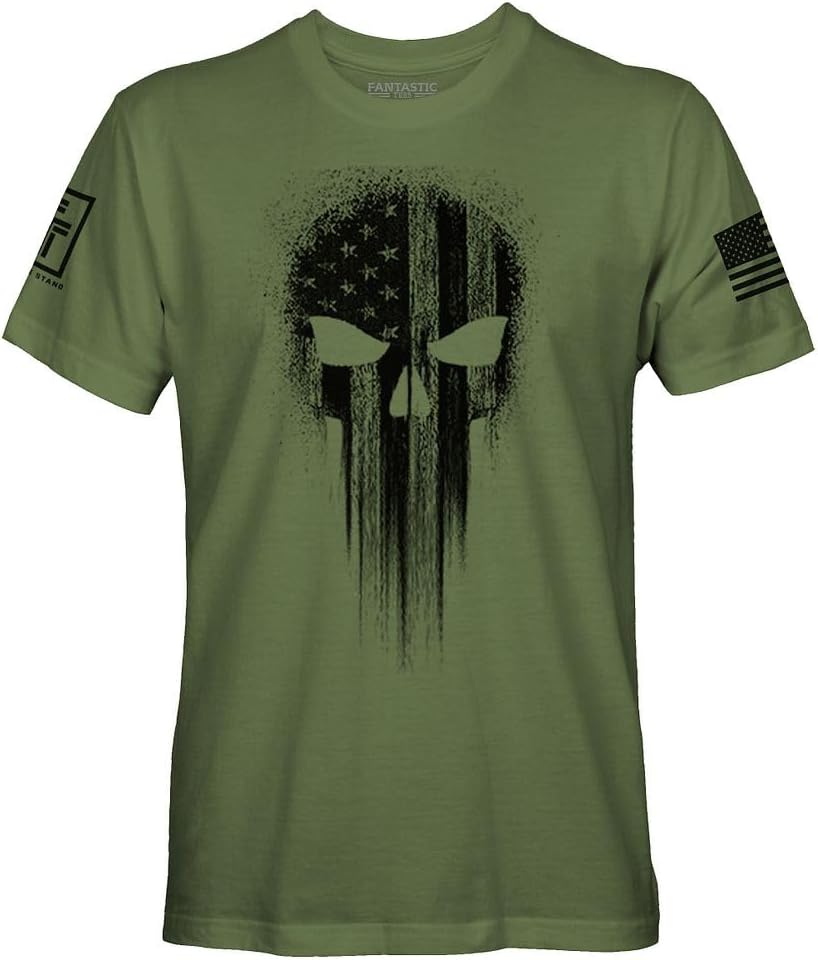 USA American Skull Patriotic Shirts for Men T-Shirt (Military Green, 2XL)