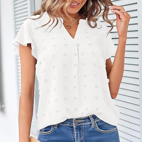 Satohom Camisa de gasa para mujer, manga corta con volantes, para verano, playa, vintage, cuello en V, blusa casual suelta para mujer, camiseta básica para mujer elegante, color blanco, negro, rosa