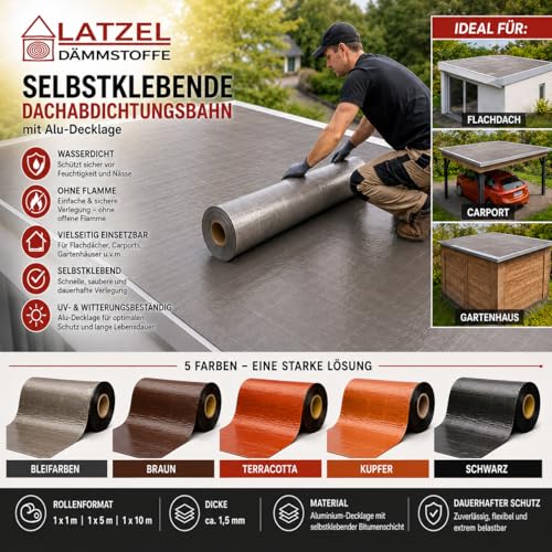 Dachabdichtungbahn Elastomerbitumen mit farbiger Aluminiumbeschichtung 10 m2. Metalldach von der Rolle. Selbstklebend Format 1 x 10 m Farbe Bleifarben. Hergestellt in Deutschland.