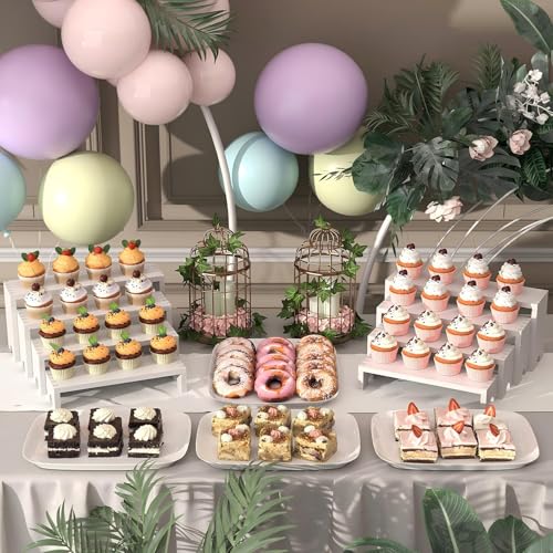 Image of 2 Set White Wood Tiered Riser Display Stands for Vendor Events,Stackable Wooden Cupcake Stand,Farmhouse Decor Wood Dessert Table Display Set,Vendor Booth Display Items,Food Display Risers for Party
