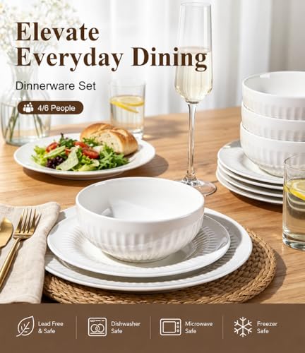 Image of LeRatio Ceramic Dinnerware Sets for 6,Porcelain Plates and Bowls Sets,Handmade Reactive Glaze Dishes Set, Oven&Dishwasher & Microwave Safe,Service for 6