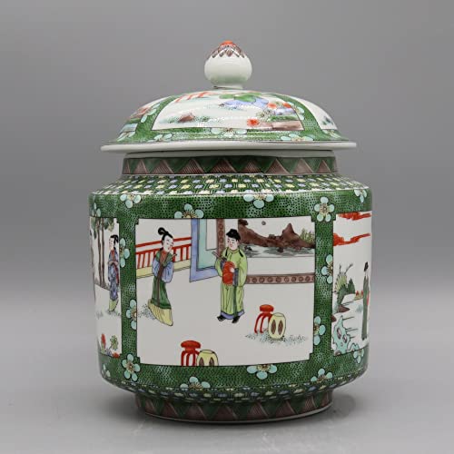 Tarro de porcelana china tradicional con borde floral verde pintado a mano, 22 cm, escena oriental decorativa, blanco y verde