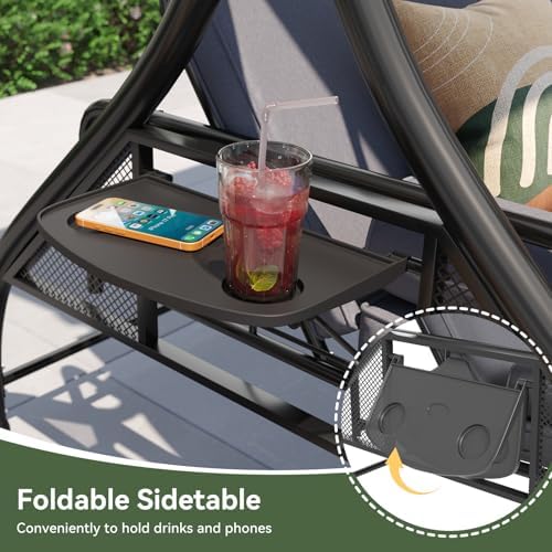 Aoxun Outdoor Porch Swing with Stand and Canopy, 3 Seats Outdoor Swings for Adults, Convertible 2 in 1 Swing Bed with Cup Holder, Patio Swings with Thicken Cushions for Garden, Yard & Balcony, Grey — view 7