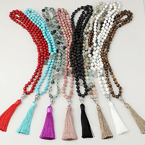 HXSCOO 108 Beads 8mm Turquoise Black Onyx Amazonite Mala Necklace Tree of Life Pendant Meditation Yoga Buddha Jewelry (Color : Red Turquoise)