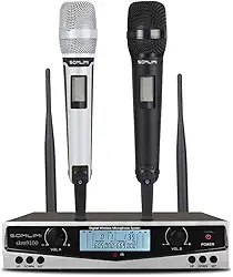 SOMLIMI original Sistema de Microfone Sem Fio Profissional 2 Canais Microfone Dinâmico Cantar Performance Palco Festa Família KTV Show Rap Karaoke DJ Wedding Church Lecture (9100-Black+White)