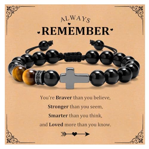 Easter Basket Stuffers Cross Bracelet : Natural Gemstone Beaded Men's Religious Cross Bracelet for Boys Teenage Christian Gifts Confirmation Baptism to Son Grandson Nephew