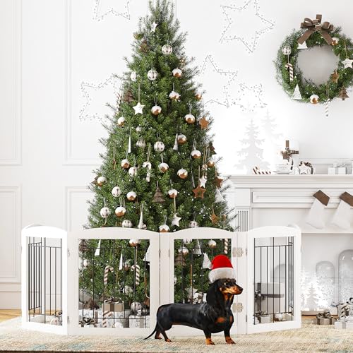 Spirich Extra Wide Dog Gates with Walk Through Door, Wooden Freestanding Pet Gate for Dog, Dog Gate for The House, Doorway, Stairs, 120\" Wide Pet Puppy Safety Fence with 6 Panels (White)