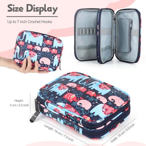 Image of Katech Portable Travel Crochet Storage Bag Organizer with Zipper, Web Pocket and Crochet Holder Slots for Knitting Accessories (Elephant Pattern)