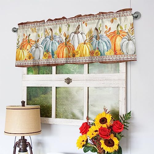 Farmhouse Fall Valance Curtains for Living Room, Pumpkin Valances for Kitchen Windows, Thanksgiving Rod Pocket Window Valance Orange Window Treatment for for Bathroom Bedroom 54x18inch, Washable