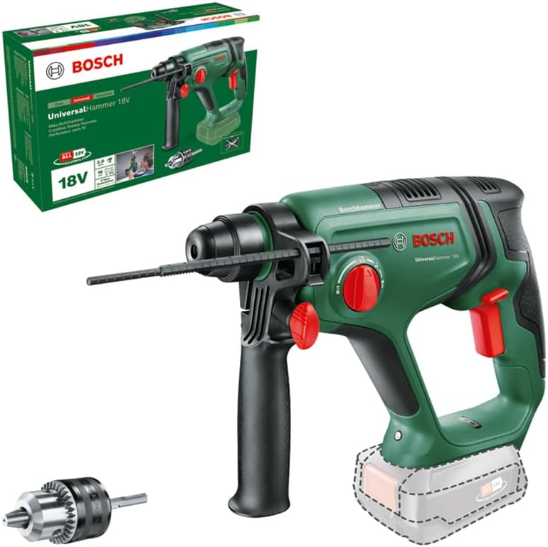 Bosch Cordless Rotary Hammer Drill UniversalHammer 18V (Without Battery; 18V System; Round-Shank Adapter; Drilling/Hammer Drilling/Chiselling; 2.0 J Impact Energy; SDS Plus Tool Holder; in Carton)