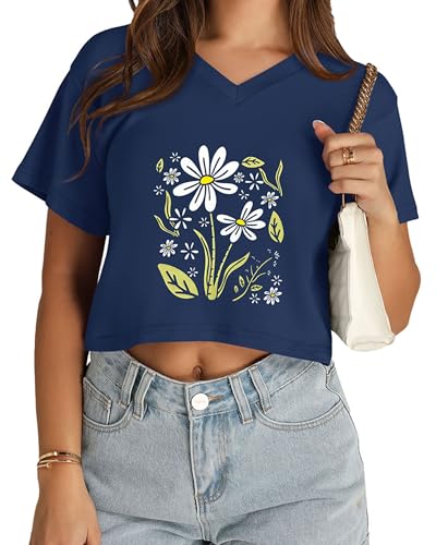 Image of Womens Crop Tops Short Sleeve V Neck Summer Cropped T Shirts Baisc Tees