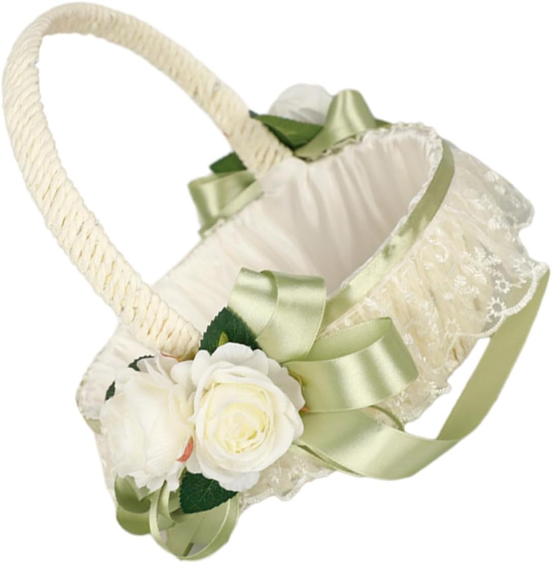 Wedding Flower Girl Basket Handheld Lace Basket with Ribbon Bow for Flower Ceremony Supplies