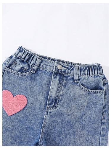 WDIRARA Girl's Star Heart Print Denim Pants Elastic Waist Straight Leg Jeans with Pockets4