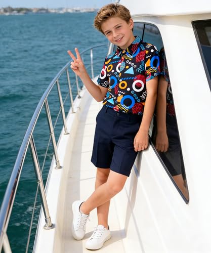 Image of uideazone Boys Hawaiian Shirts Novelty Printed Funky Short Sleeve Button Down Shirt Kids Aloha Luau Shirt 7-14T