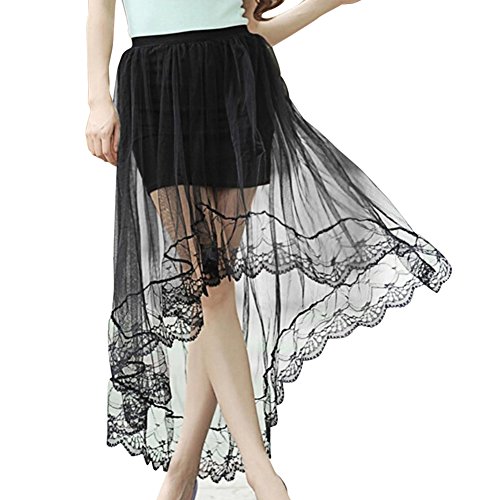 Prizemall Chiffon Maxi Skirt Gothic Long Dress Gauze See Through Mesh Tulle Lace Design for Women Girl - Black