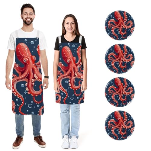 Tabliers de cuisine en lin anti-taches réglables motif pieuvre rouge lot de 2