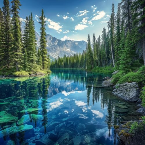 Image of Moohue 14ct Counted Cross Stitch Kits for Adults Mountains Trees Lake Printed Stamped Cross Stitch Patterns Kits Cross Stitch Supplies (Mountains Trees Lake)