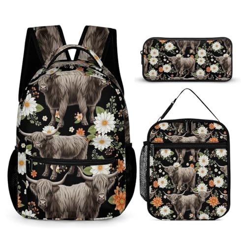 Backpack Bookbag Set Floral Cattle Highland Cow (3) Backpack with Lunch Bags and Makeup Bag Shoulder Bag with Lunch Box Storage Bags