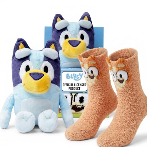 Bluey Plush Gift Set - Official Licensed Plushy & Bingo Socks Kids One Size Soft Cotton - Bluey Gifts for Girls and Boys Cuddly Toy Birthday Presents for 3+ Year Olds Blue