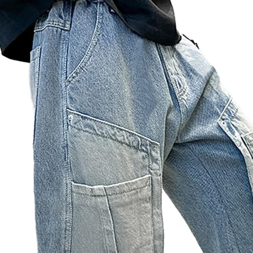 Tween Boys Straight Leg Jeans Elastic Waistband Baggy Denim Pants with Splicing Decoration for Kid Pants3