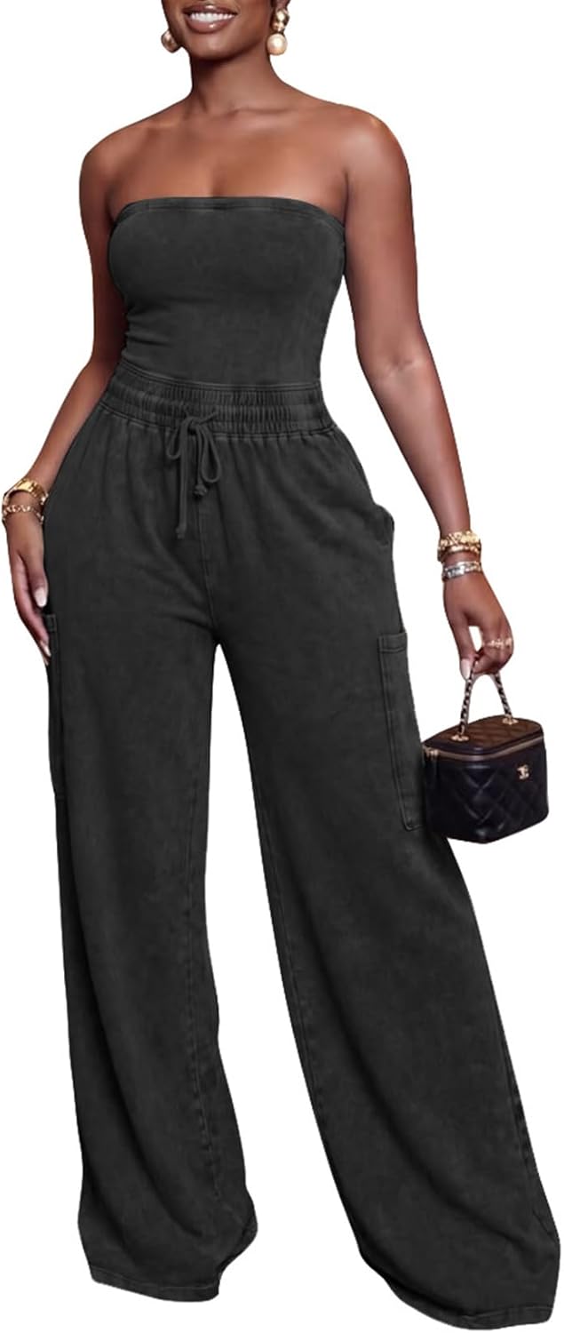 Women's Strapless Wide Leg Jumpsuit Romper One Piece Drawstring Elastic Waist Cargo Casual Summer with Pockets