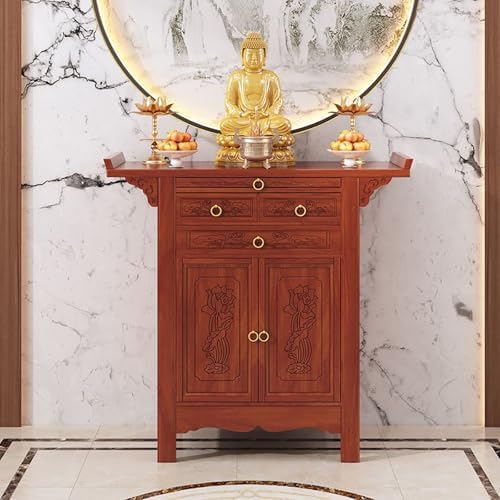 Buddhist Altar Table with Storage, Bamboo Meditation & Prayer Shrine, Chinese Offering Cabinet for Living Room, 34.7in Pedestal Stand for Spiritual Practice