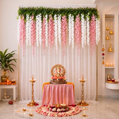 Image of Indian Pooja Backdrop Set, Diwali Curtain Decor, Wisteria Garland