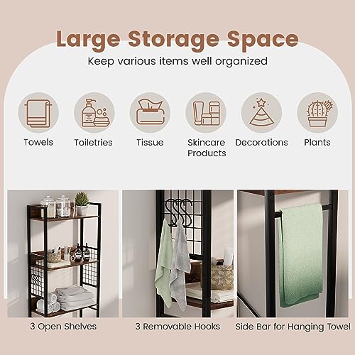 Giantex Over-The-Toilet Storage Shelf, 3-Tier Bathroom Space Saver With 3 Hooks, Industrial Tower Rack For Restroom, Kitchen, Freestanding Bathroom Organizer (Rustic Brown) #TOP6