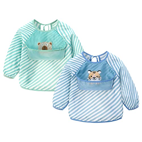 miracle baby Bavoir à Manches Longues pour Bébé 2pcs Tablier Imperméable Bavoirs d'Alimentation pour Enfant de 6 mois à 3 ans, sans Plastique, Tour de cou ajustable, tigre et ours Cover