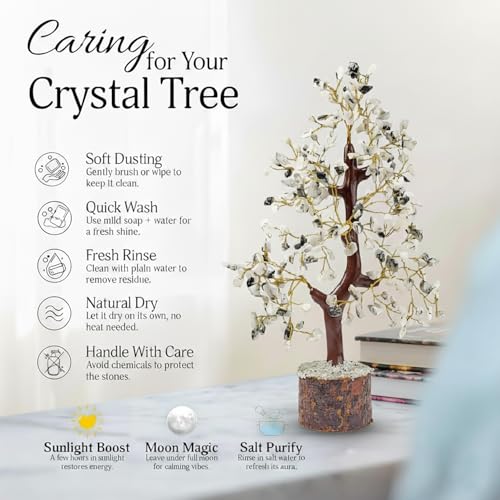 Image of JD Fresh Certified Moonstone Crystal Chakra Tree /Handcrafted Gemstone Tree /Money Tree /Encased Bonsai Tree for Peace, Calm & Positive Energy /Money Tree for Home Decor, Office Desk & Gift Item