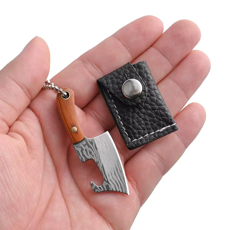 Image of Mini Knife Keychain, Real Damascus Style Tiny Chef Knives with Wooden Handle, Pocket Cleaver, EDC Miniature Weapon Keychains for Gifting, Decoration & Collectors