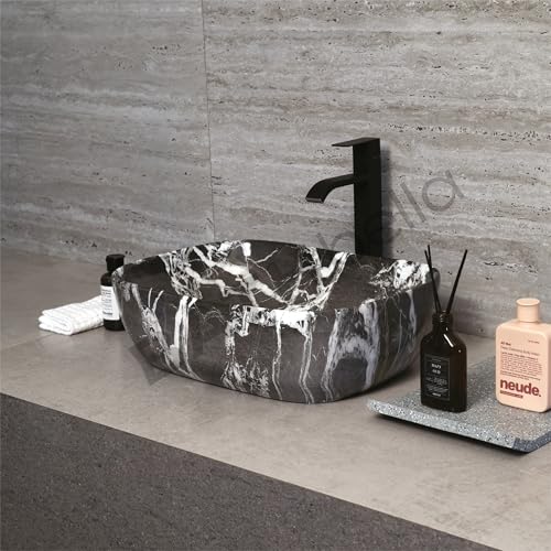 Image of Designer Ceramic Wash Basin For Bathroom | Over Counter Bathroom Basin | Counter Top Bathroom Sink | Wash Basin For Restaurant, Hotel (18 x13 x 5 Inch) (Charcoal Black Marble)