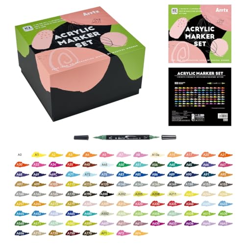 Arrtx アクリルマーカー 112色セット｜極細&ブラシ2WAYペン先｜石・陶器・木・プラスチック対応｜スクラップブッキング・カードデコレーションに｜プロからDIYまで