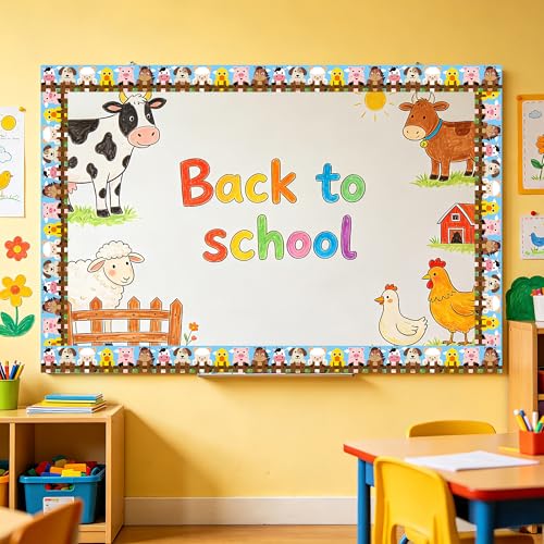 Image of BeYumi Farm Animals Border Trim - 65ft Back to School Farm Animals Straight Rolled Border Trim Cute Cartoon Animal Bulletin Board Set School Classroom Office Farmhouse Chalkboard Party Holiday Decor