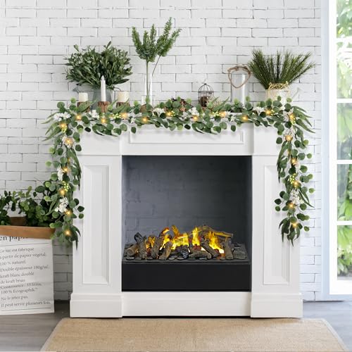 MDSTBN Eucalyptus Garland with Lights 6FT Spring Garland Eucalyptus Leaves with Flower Berries Artificial Greenery Vine for Mantle Porch Wall Wedding Arch Backdrop Table Decoration