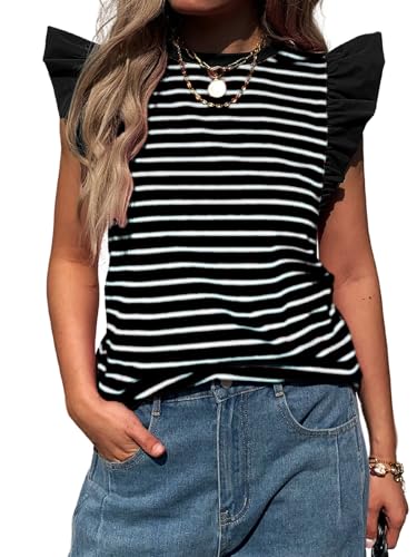 Women's Ruffle Cap Short Sleeve Striped T Shirts Summer Casual Loose Fit Top Basic Tee Tunic Tops