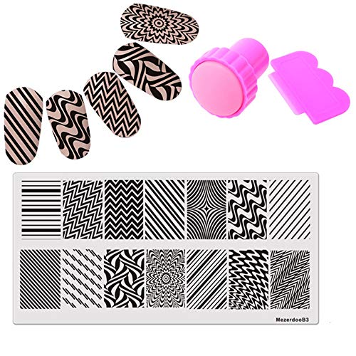 Mezerdoo Nail Stamping Plates Stripes Nail Art Stamper Scraper Set Plate Animal Rectangle Manicure Stamp Template Diy Nail Beauty Print (Mezerdoob3 And Stamper) #TOP27