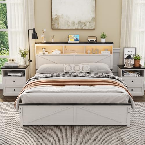Image of Vabches Farmhouse Full Size Bed Frame with 48 inch Tall Storage Headboard, Wood Bedroom Platform Bed Frame No Box Spring Needed, 4 Storage Drawers Underneath, Adjustable LED Lights, Charging Station