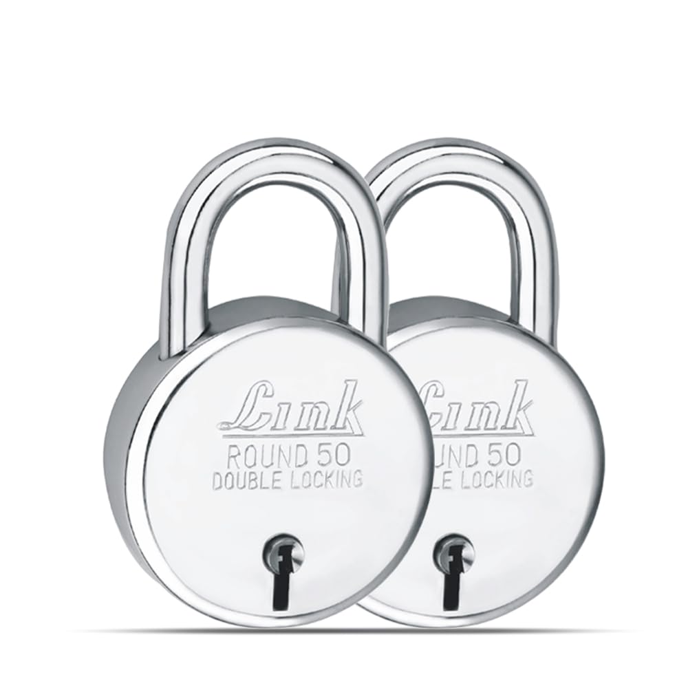 Link Stainless Steel 50mm New Round Lock – Double Locking, Iron Lever, 50,000 Key Combinations, 3 Silver Keys per Lock (Pack of 2)
