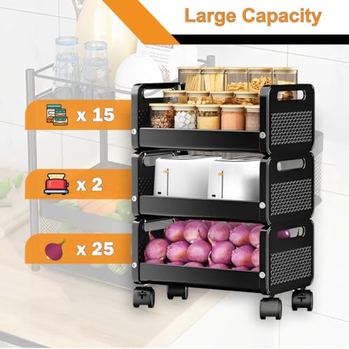 Image of JD FRESH Rolling Metal Utility Cart /Stackable Storage Baskets with Lockable Wheels /Container Basket /Heavy Durable Organizer Trolley for Kitchen /Bedroom /Office(3 Tier)