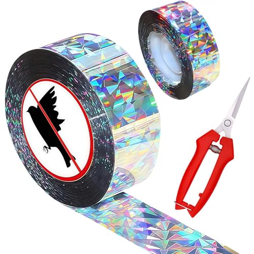 2 Rouleaux Double Face Anti Bande, Ruban Repulsif Oiseaux, Holographique Anti Oiseaux Bande, Inclure Cisailles Jardinage, Anti Pigeon Protection du Jardin, Ferme et Lutte Contre Les Nuisibles