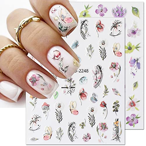 3D Flower Nail Stickers For Women Colorful Flowers Glitter Nail Decals Floral Nail Art Stickers Self-Adhesive Flower Stickers For Nails Spring Nail Decor Diy Nail Supplies Nail Accessories, 12 Sheets #TOP2