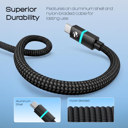Image of ZEBRONICS Wattz 65CC3 Type-C to Type-C Cable, PD 65W, 3A Rapid Charging, Durable 1.5m Braided Cable, Blue Breathing LED, Charge & Sync, 480Mbps Data Transfer, Mobile /Tablet /Laptop Compatible (Black)