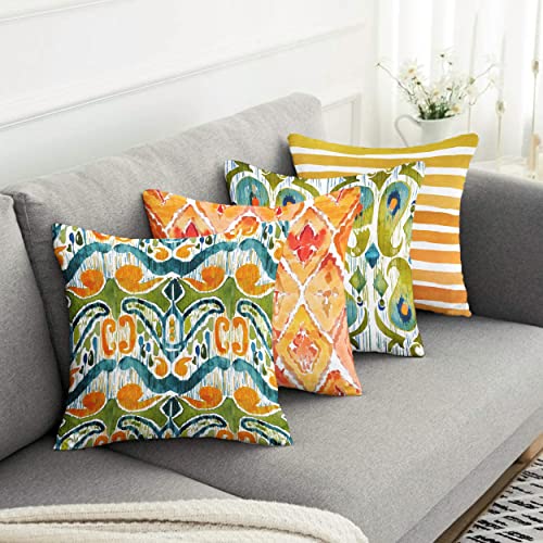 Realhomes Set Of 4 Art Nouveau Victroian Pattern Square Cushion Cover - Pack 4 Southwestern Green Throw Pillowcase - Farmhouse Themed Orange Decorative Accent Pillow Cover - 18X18 Inc #TOP2